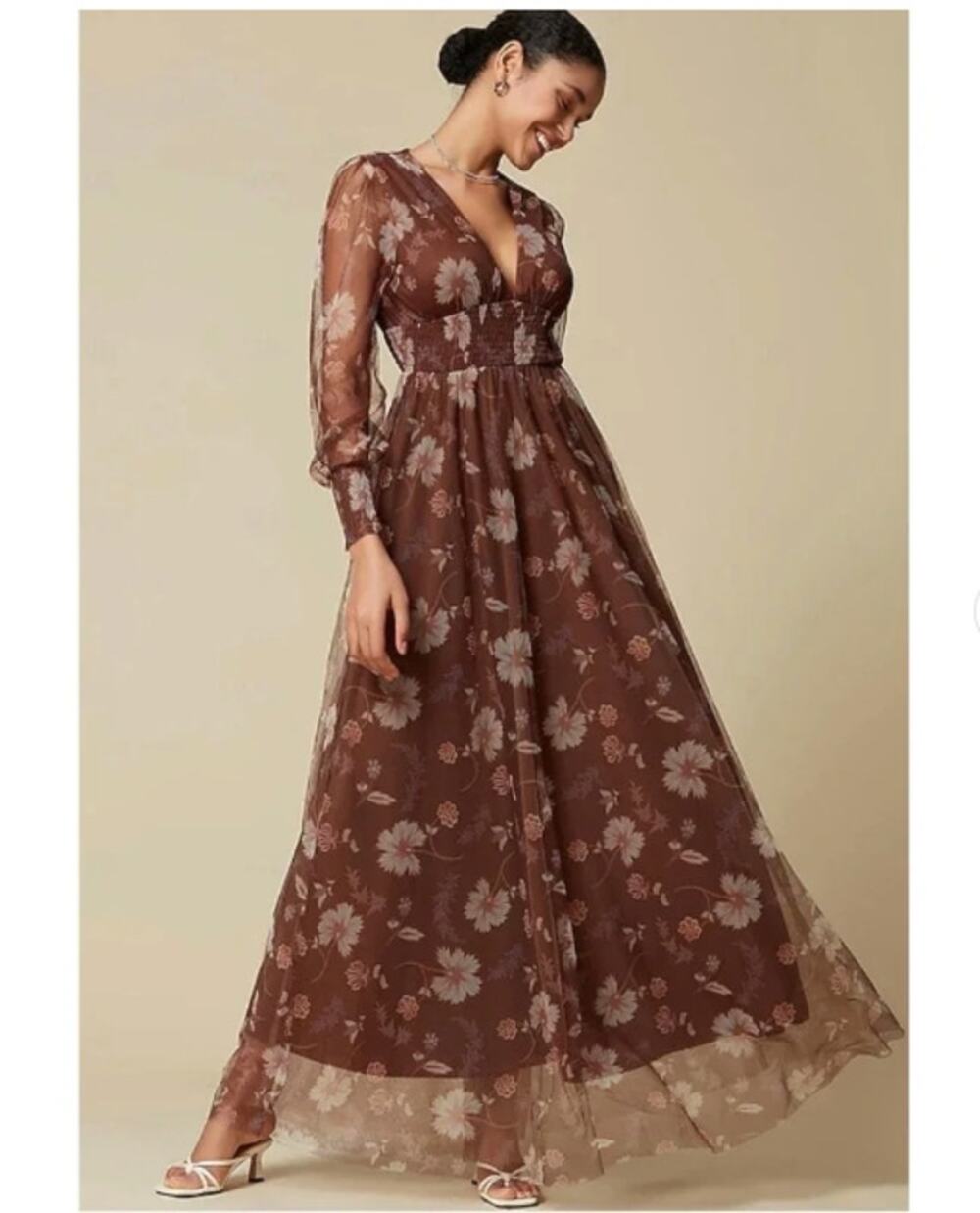 BALTIC BORN Layla Tulle Maxi Dress Chestnut Brown Floral Sz S NWT $128 {3H12}
